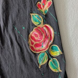 Vintage Cotton Pants Handpainted Floral Rose Black Jogger Artsy Chic Teacher